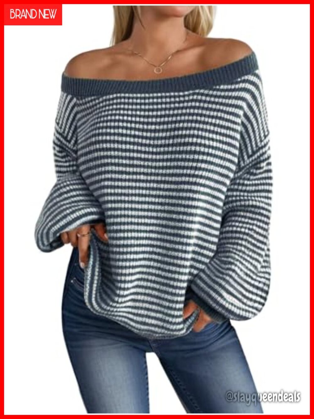 Off Shoulder Knit Sweater Women Striped Oversized Fall Pullover
